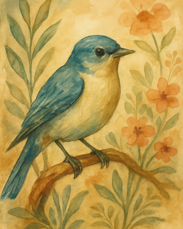 Complete 8×10 Bluebird artwork: a blue bird on a branch, orange flowers and green leaves on a warm yellow background.