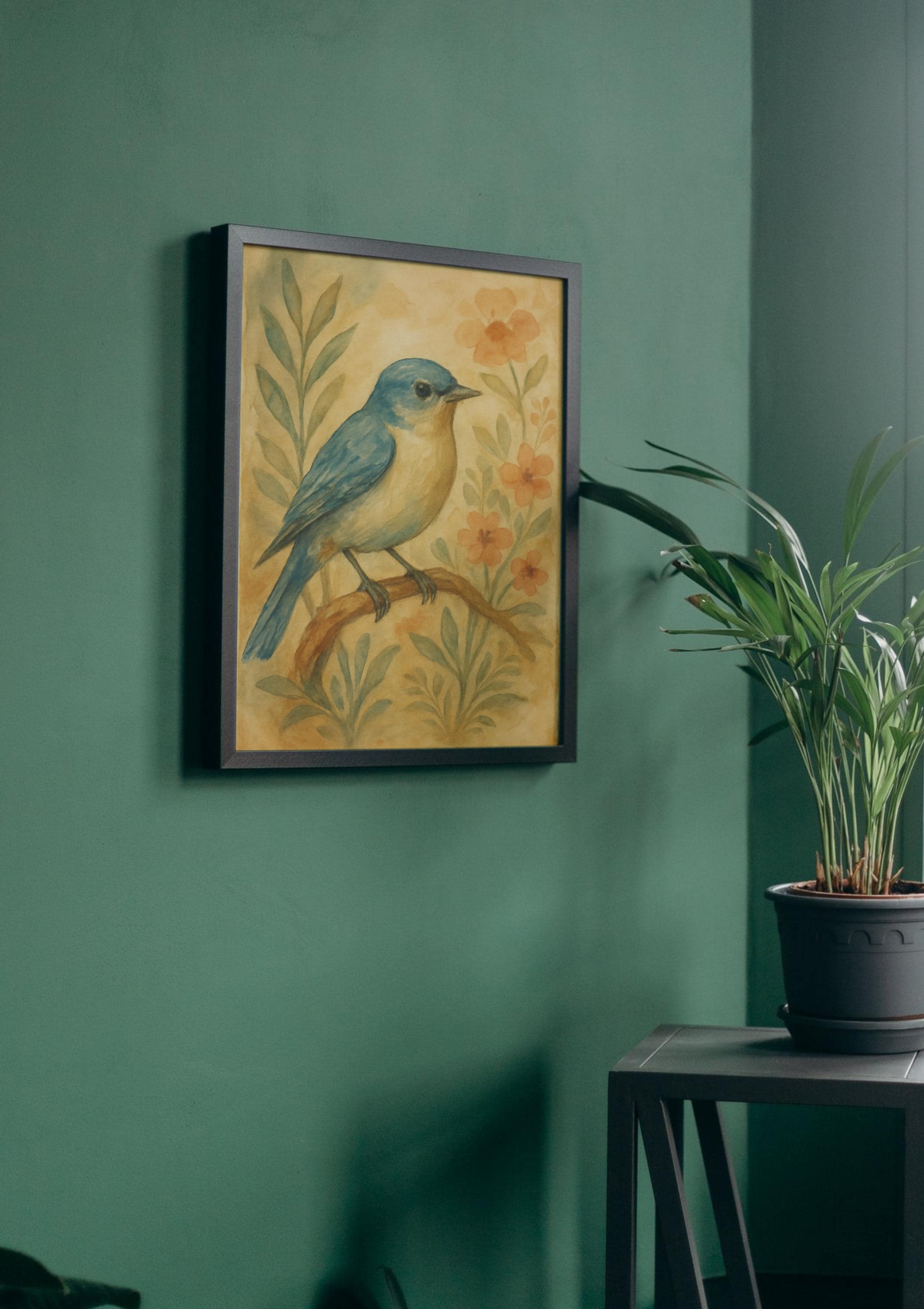 Vintage-style watercolor of a bluebird among leaves and orange flowers, shown in a black frame against a green wall. Frame not included.