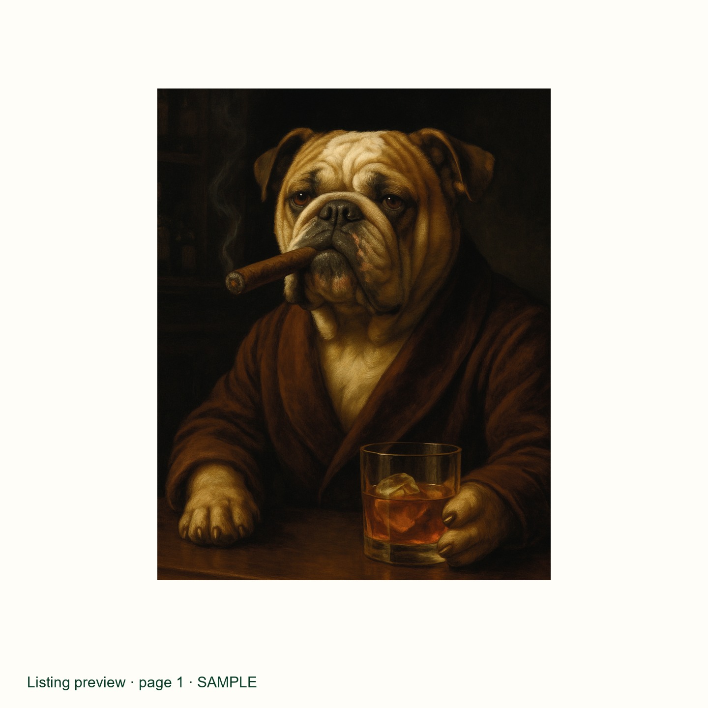 Bulldog Cigar and Whiskey Printable Wall Art, 5 PDF Print Sizes, Digital Download listing preview