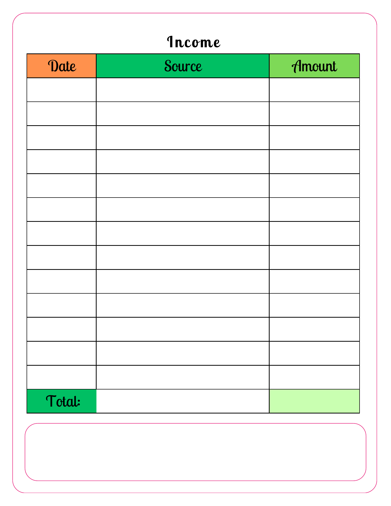 Actual Income worksheet with Date, Source and Amount columns, blank entry rows, a Total row and a blank area below. Values are entered by hand.