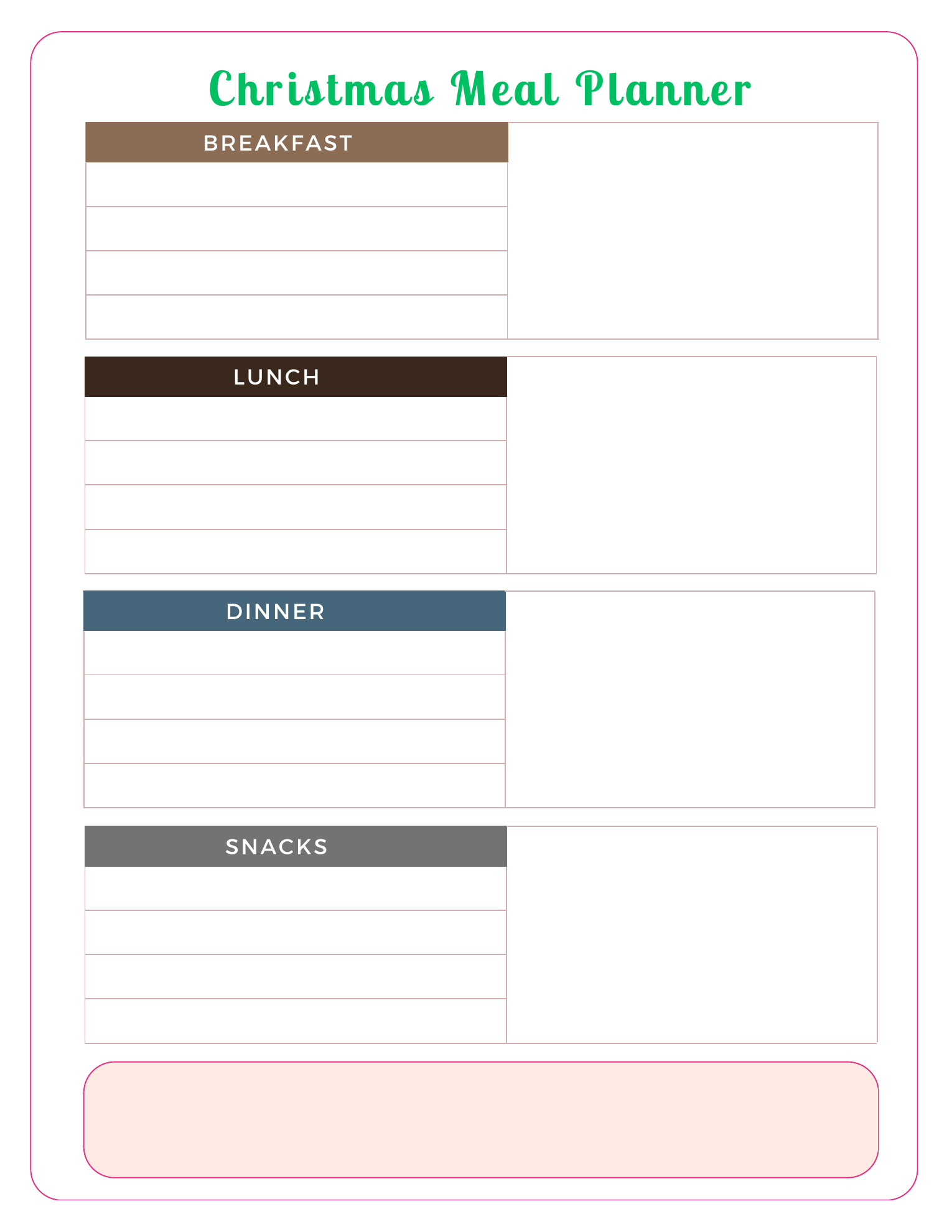 Actual Christmas Meal Planner worksheet with Breakfast, Lunch, Dinner and Snacks sections, each with writing lines and a blank box, plus a blank area at the bottom.