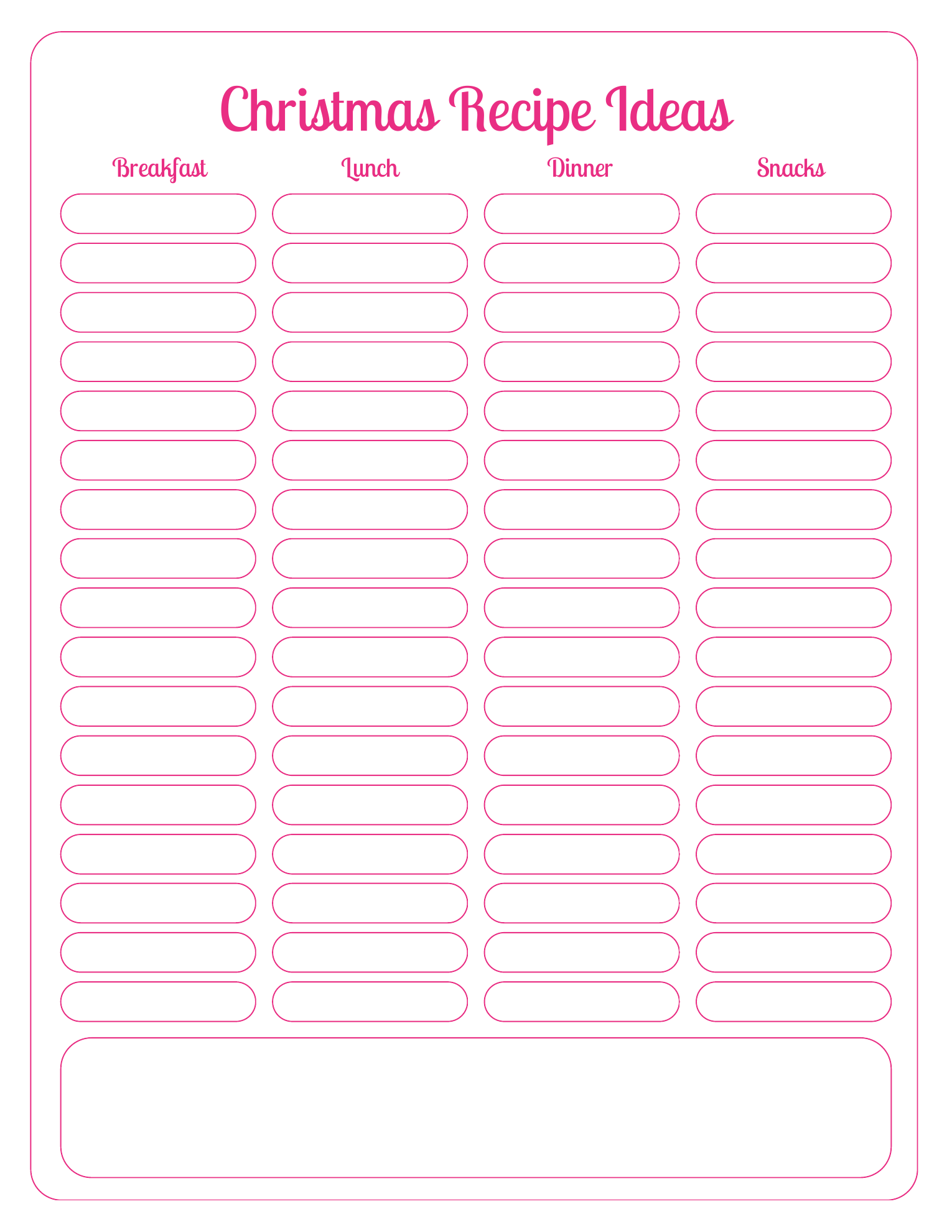 Actual Christmas Recipe Ideas worksheet with Breakfast, Lunch, Dinner and Snacks columns of blank writing boxes and a larger blank area below. No recipes are filled in.