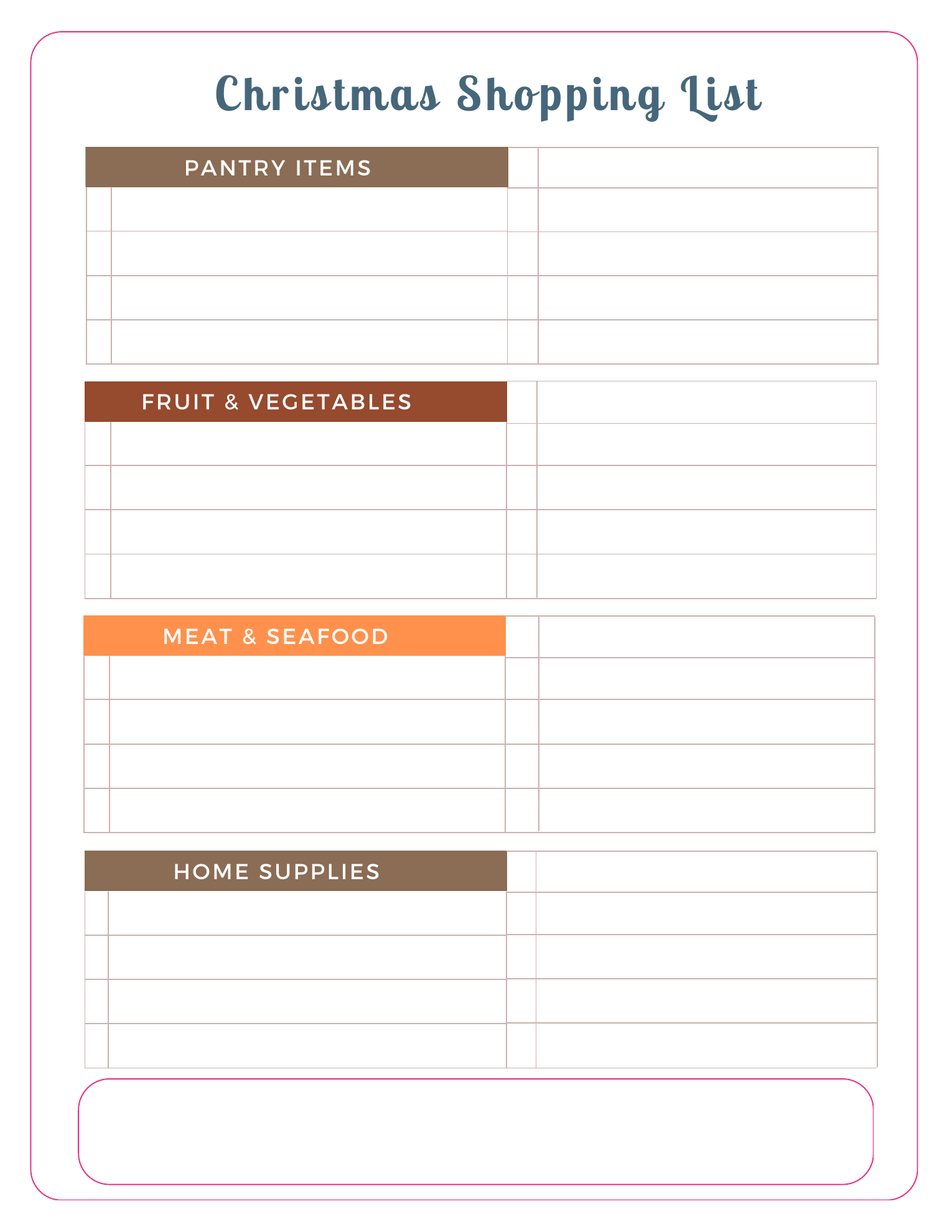 Actual Christmas Shopping List worksheet with Pantry Items, Fruit and Vegetables, Meat and Seafood and Home Supplies sections, each with blank writing rows.