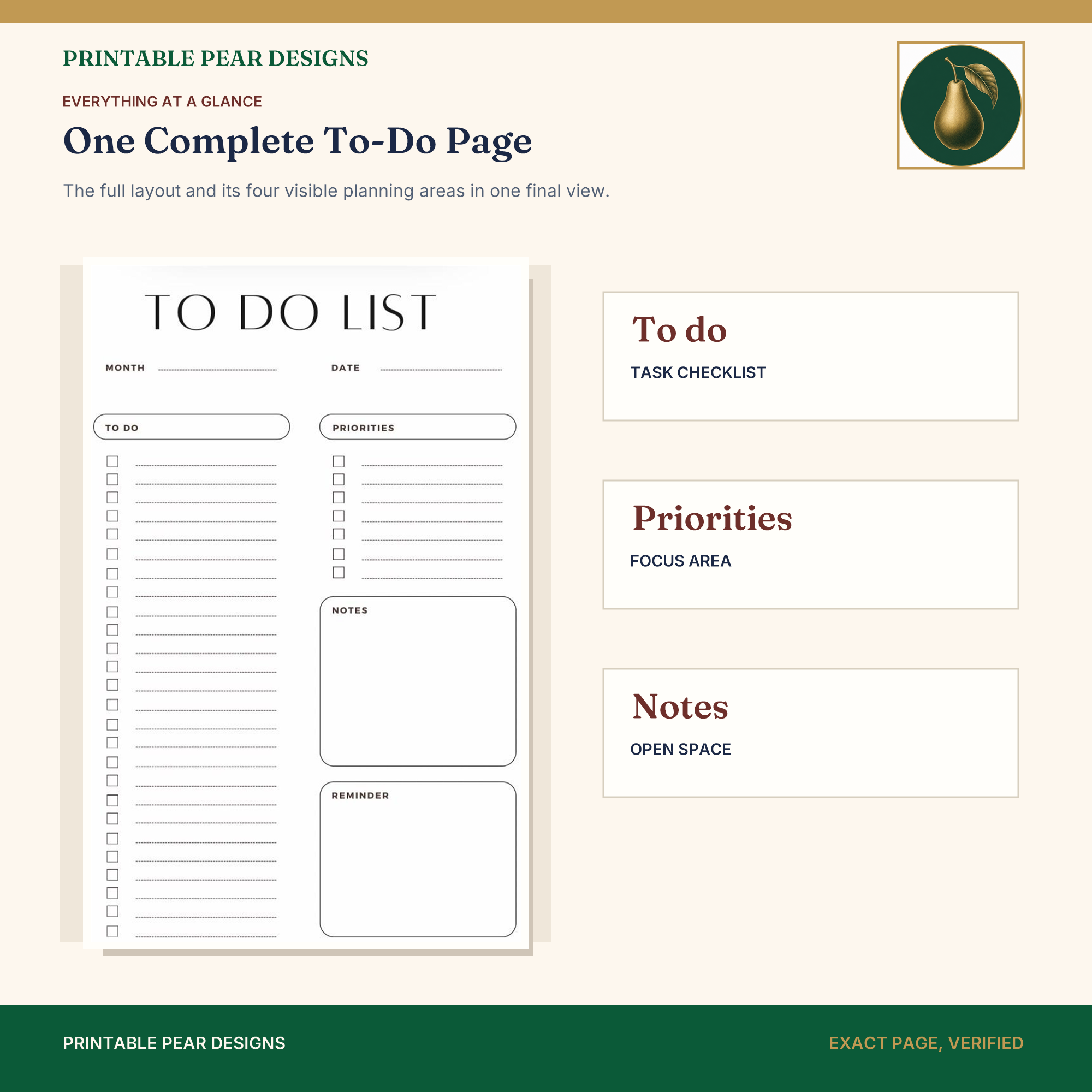 Summary of the Printable Pear daily planner showing the current engraved pear branding and planner page.