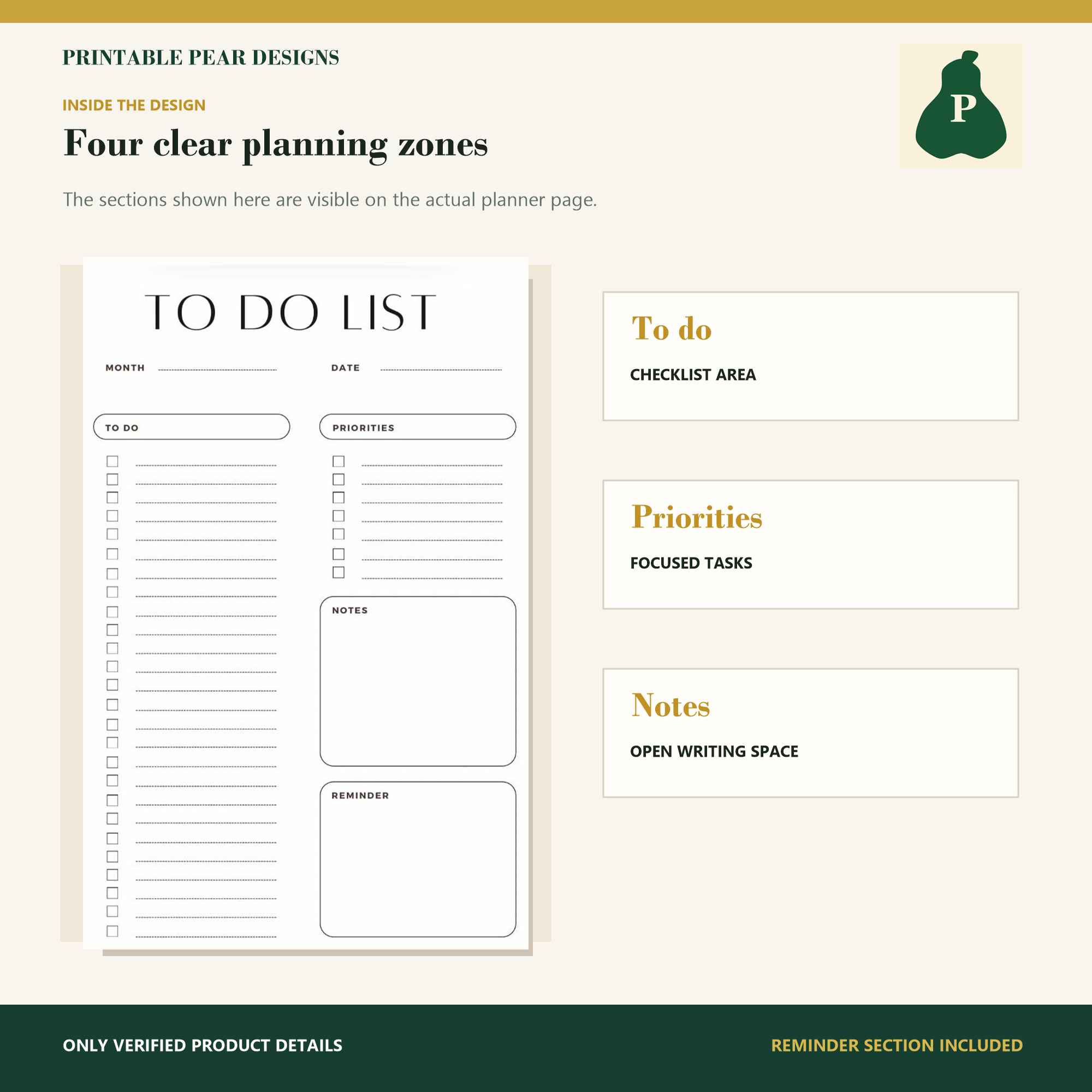 Minimalist printable planner with labeled to do, priorities and notes planning zones.