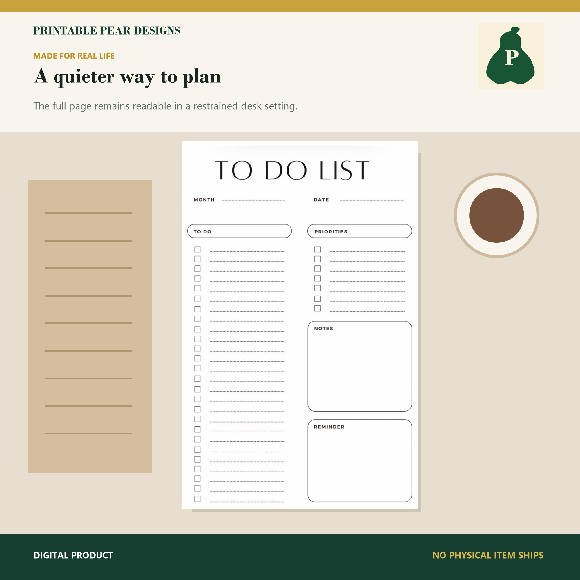 Black and white to do list printable shown on a neutral desktop beside a notebook and coffee.
