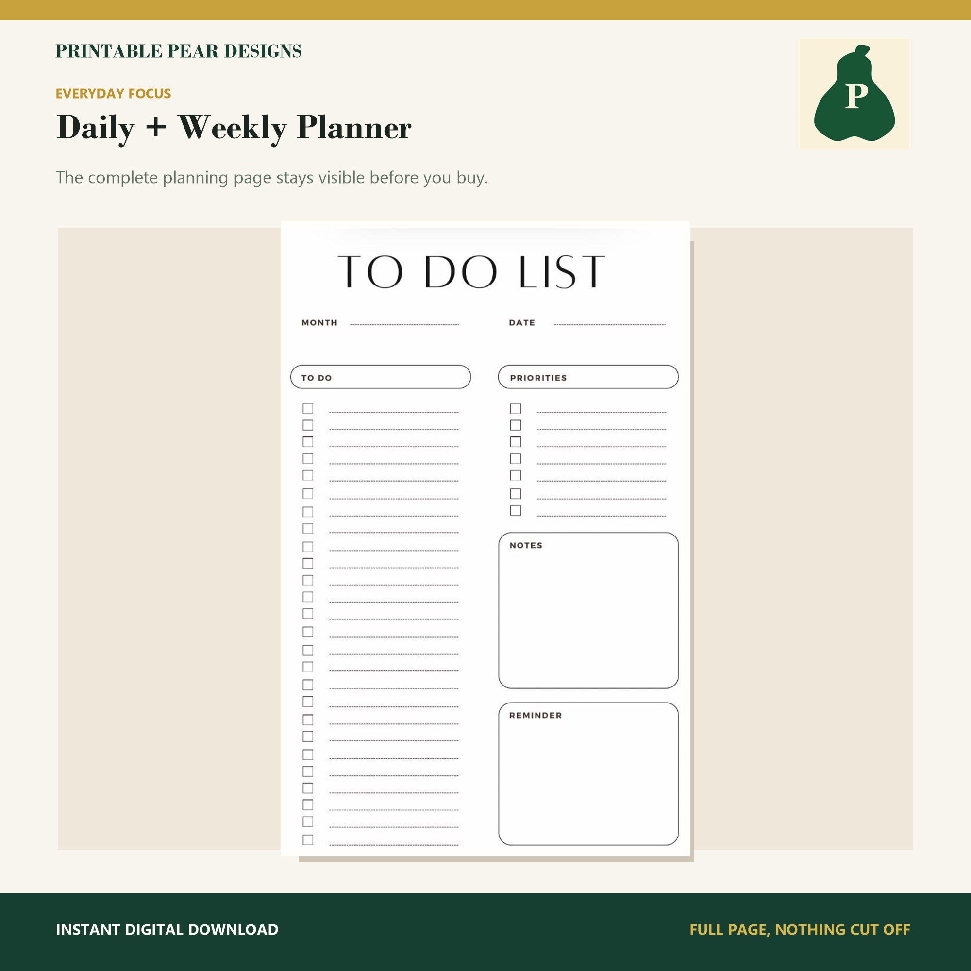 Printable Pear Designs minimalist to do list with month, date, priorities, notes and reminder on one full page