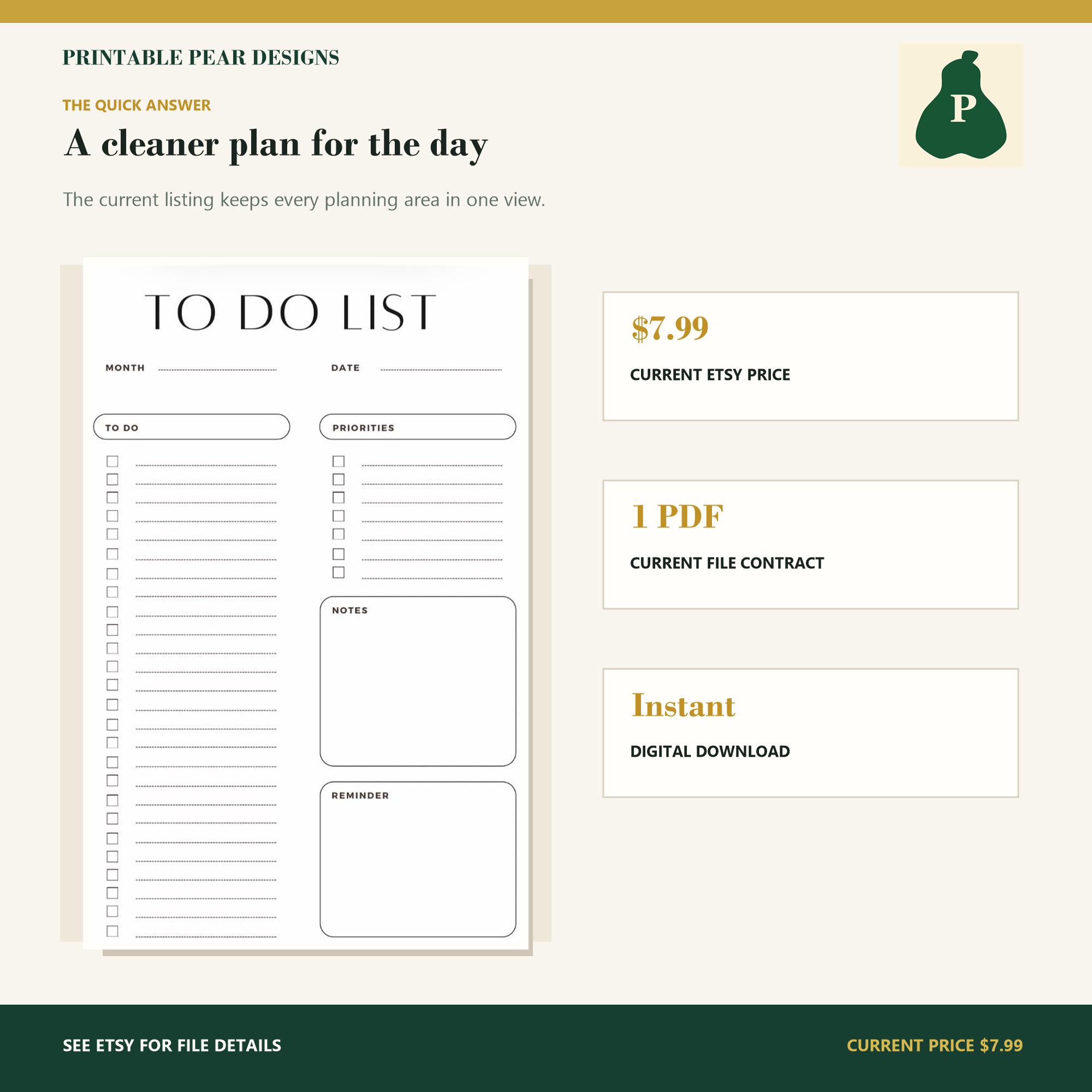 Printable daily task checklist digital download with current price and instant delivery facts.