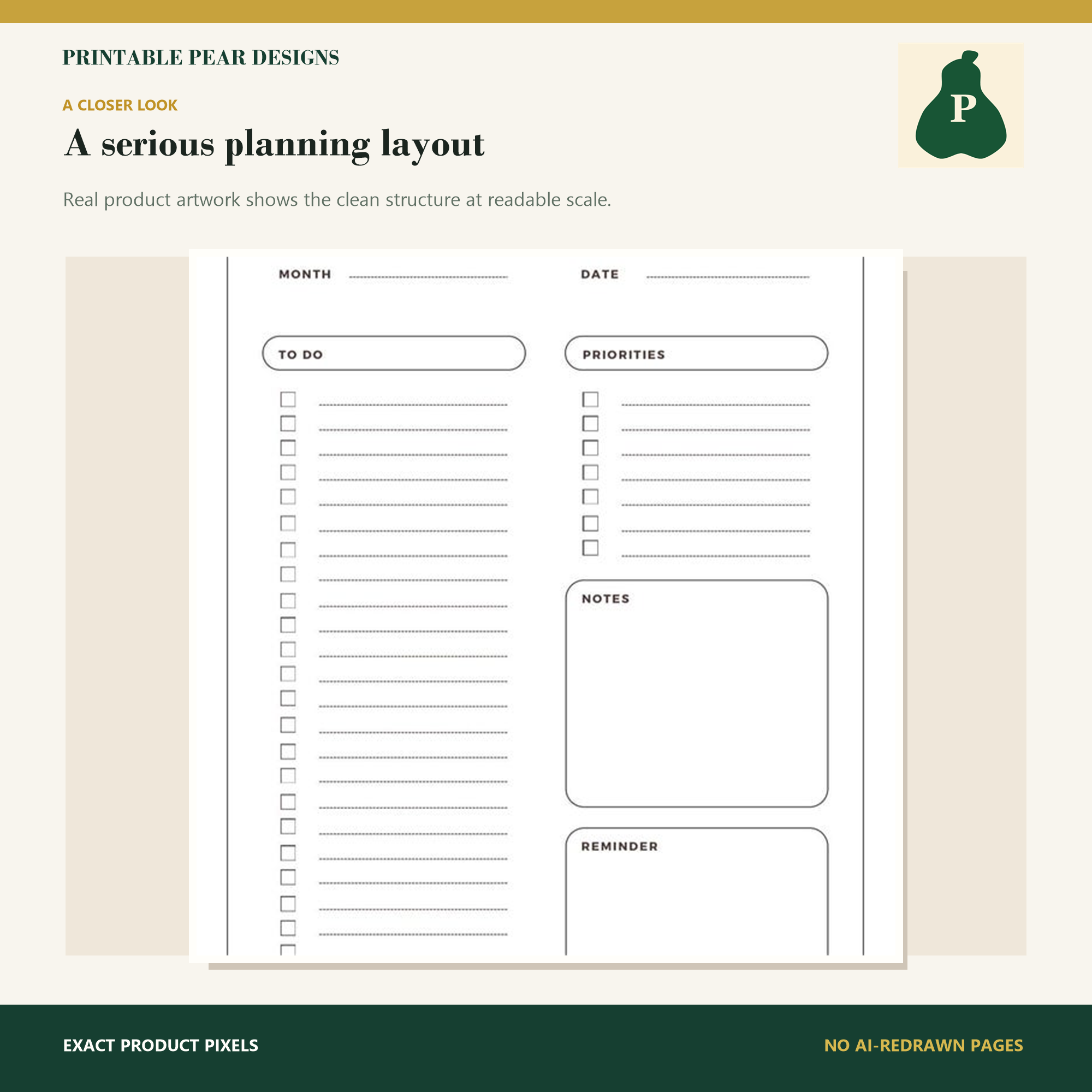 Close view of the printable daily planner showing checkbox list, priorities, notes and reminder sections.