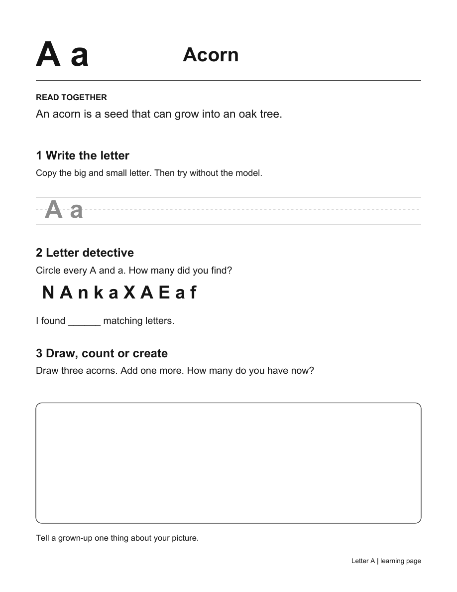 Actual revised-edition page 5: acorn learning, printed black and white.