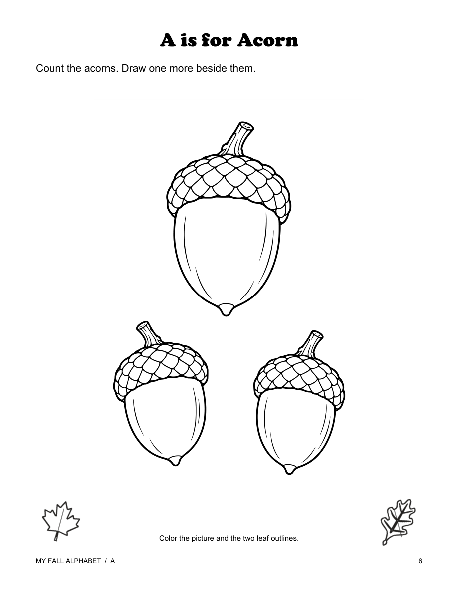 Actual revised-edition page 6: acorn coloring, printed black and white.