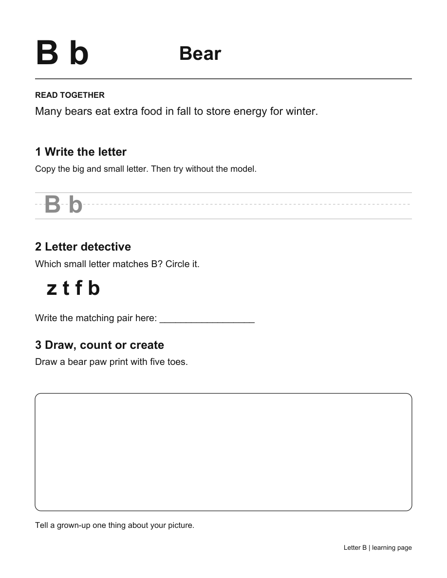 Actual revised-edition page 7: bear learning, printed black and white.