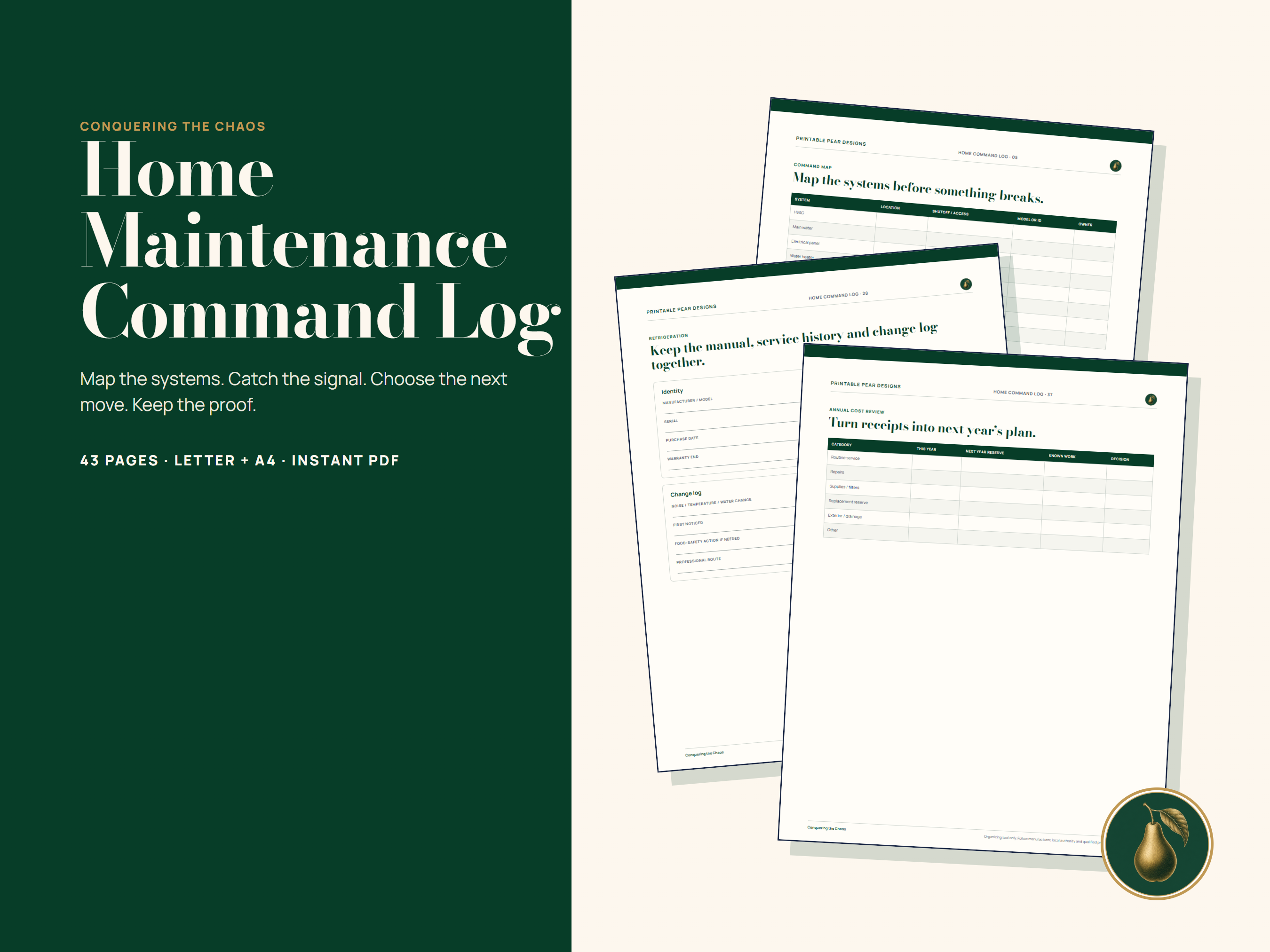 Home Maintenance Command Log with previews of the system map, service history and annual cost worksheets