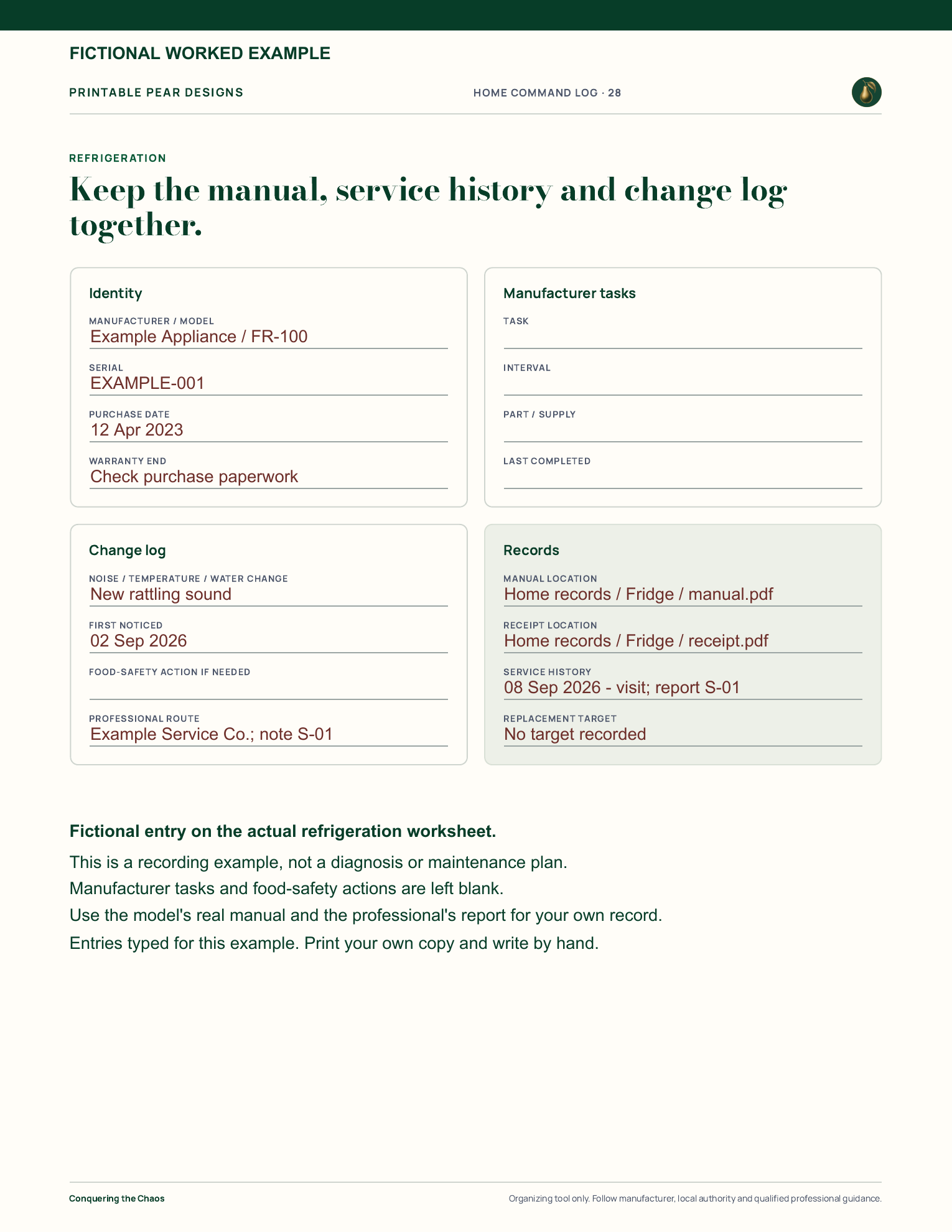 Fictional worked example on the complete Refrigeration page: Example Appliance FR-100, serial EXAMPLE-001, a purchase date, a noise observation and a later service visit with report S-01. Typed entries demonstrate what to write by hand.