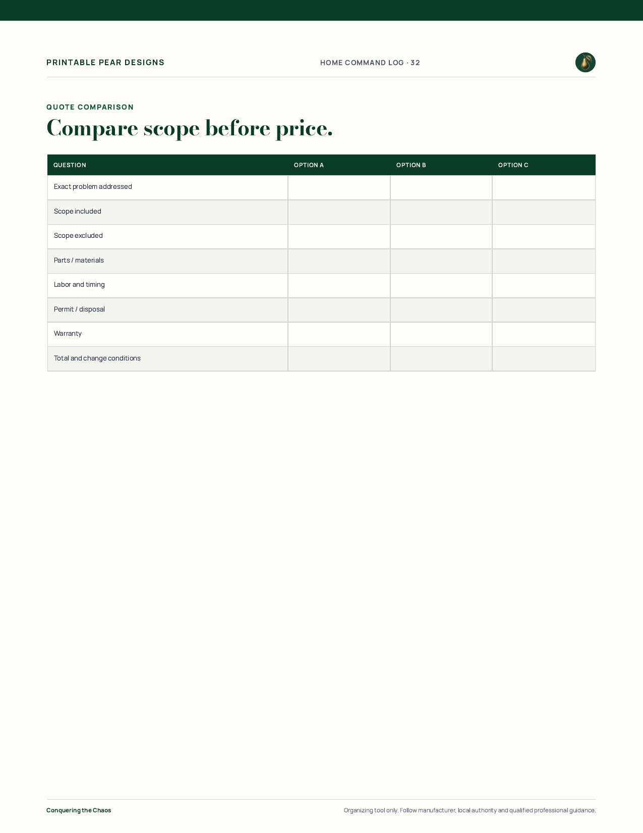 Complete Quote Comparison worksheet from Letter binder page 32, with questions beside three option columns for scope, parts, timing, warranty, total and change conditions.