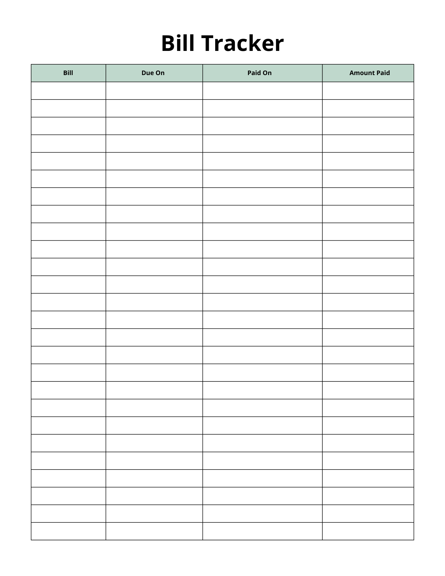 Actual Bill Tracker page with Bill, Due On, Paid On and Amount Paid columns and blank rows for written entries.