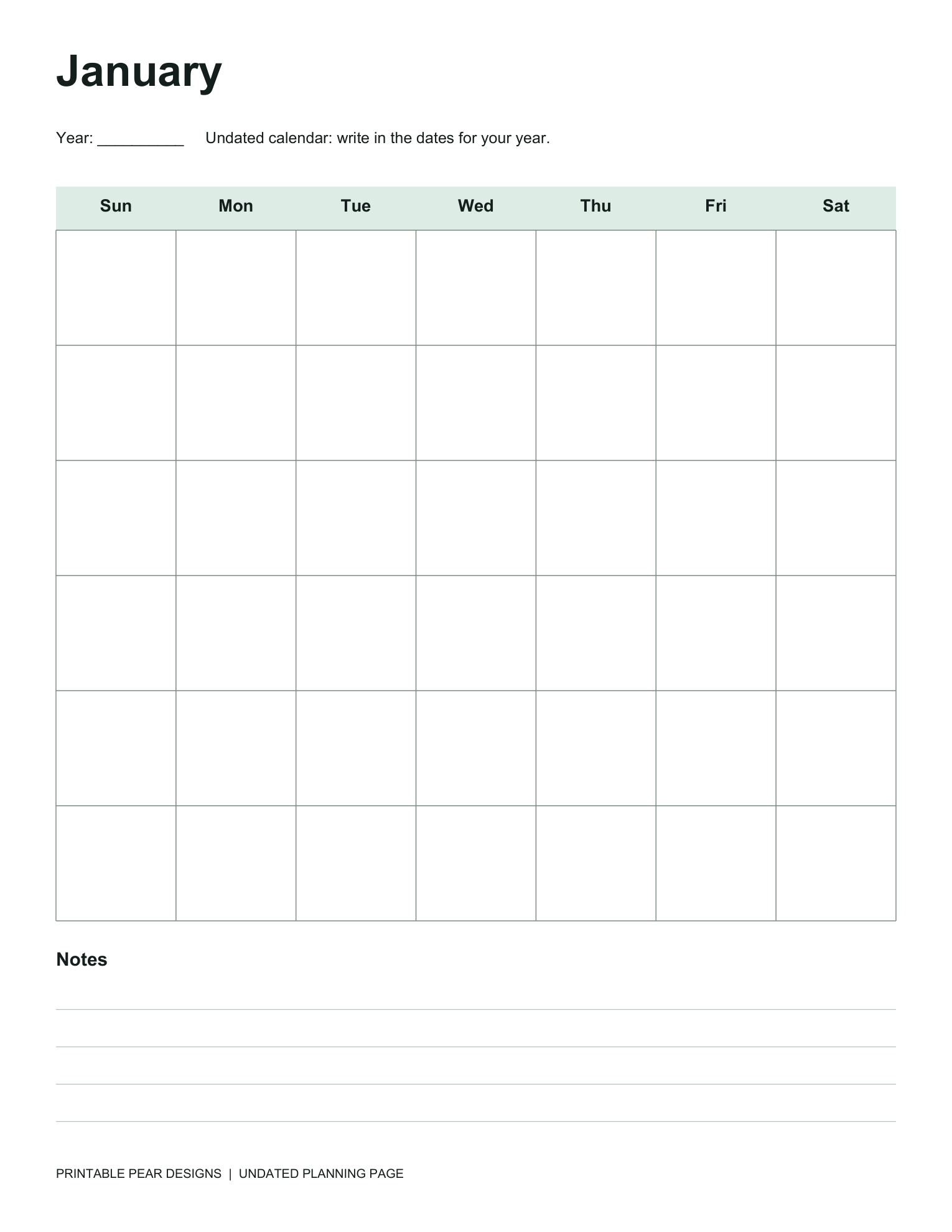 Actual January calendar page with a blank year line, six-row Sunday-to-Saturday grid and lined notes area.