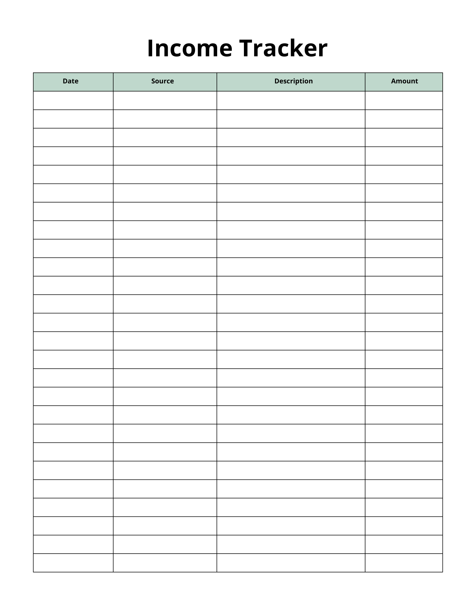 Actual Income Tracker worksheet with Date, Source, Description and Amount columns above blank rows.