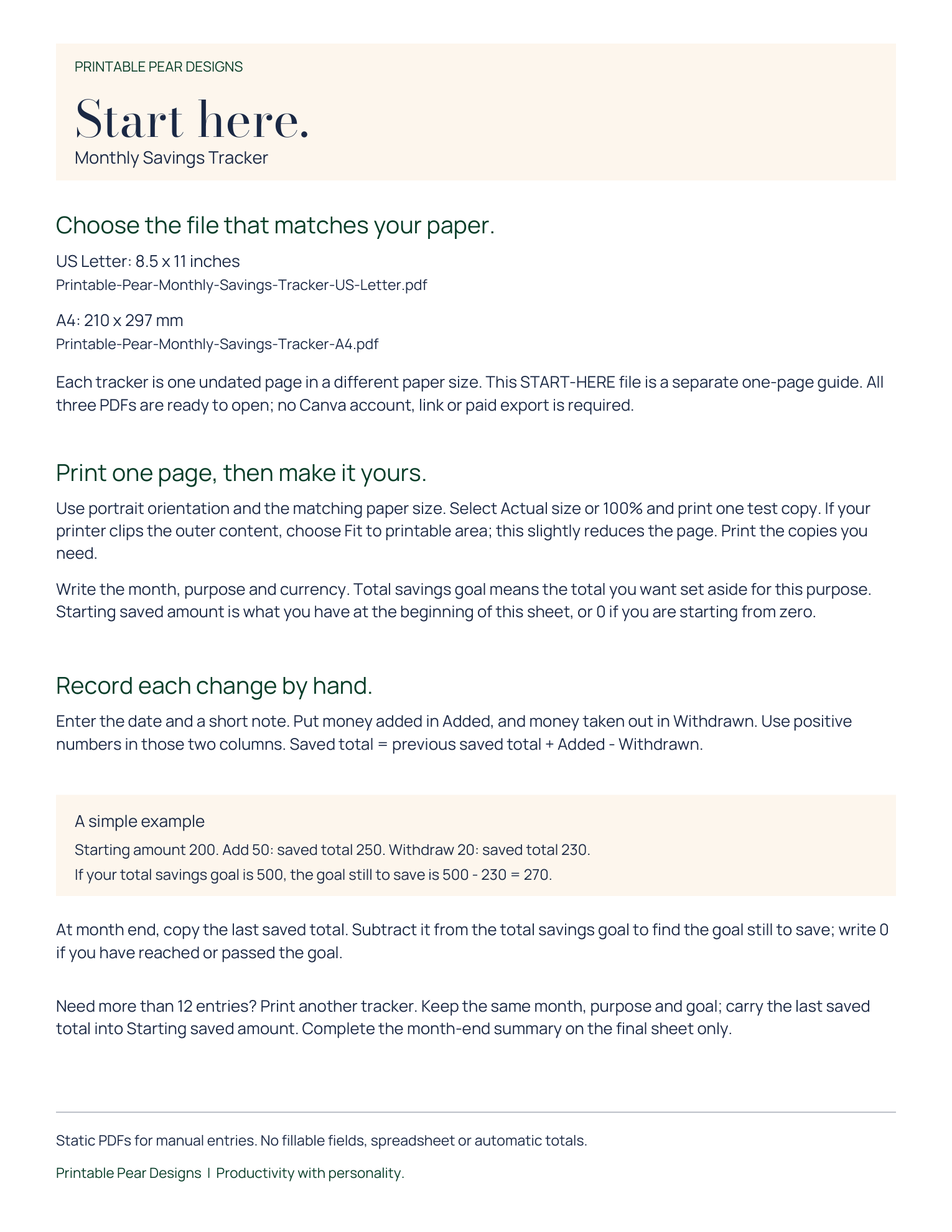 Actual one-page START-HERE guide with the included filenames, Letter and A4 paper sizes, print settings, manual arithmetic example and continuation instructions.