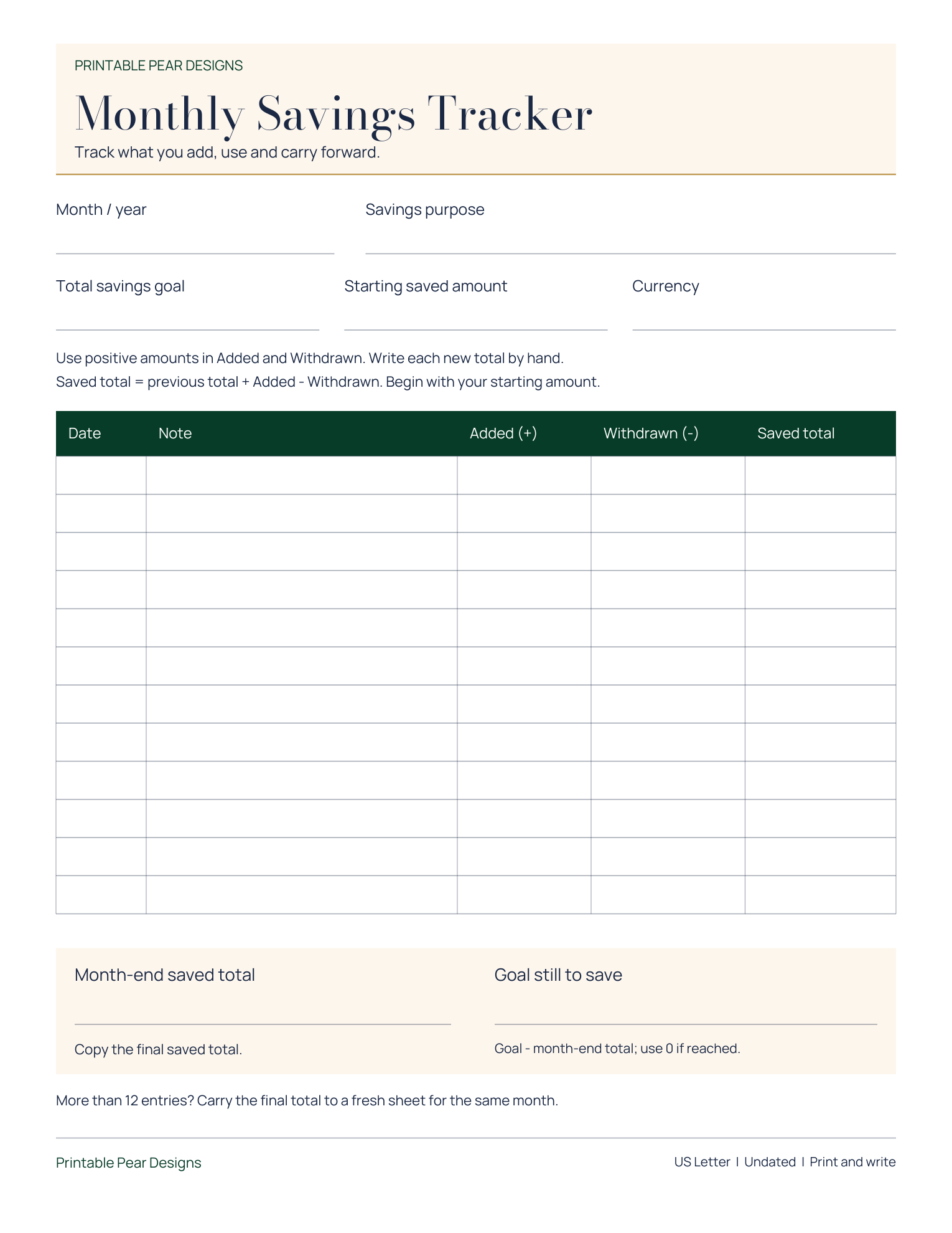 Actual US Letter Monthly Savings Tracker with month, purpose, goal, starting amount and currency fields, twelve entry rows and month-end totals.