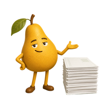 Printable Pear mascot guarding a stash of printable pages