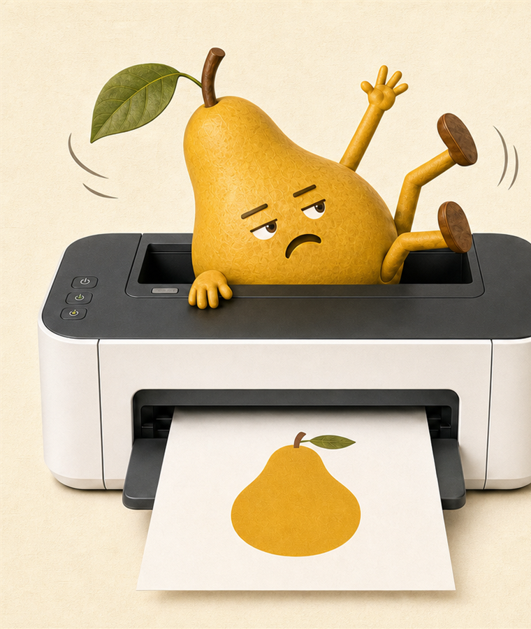 The Printable Pear mascot emerging from a printer