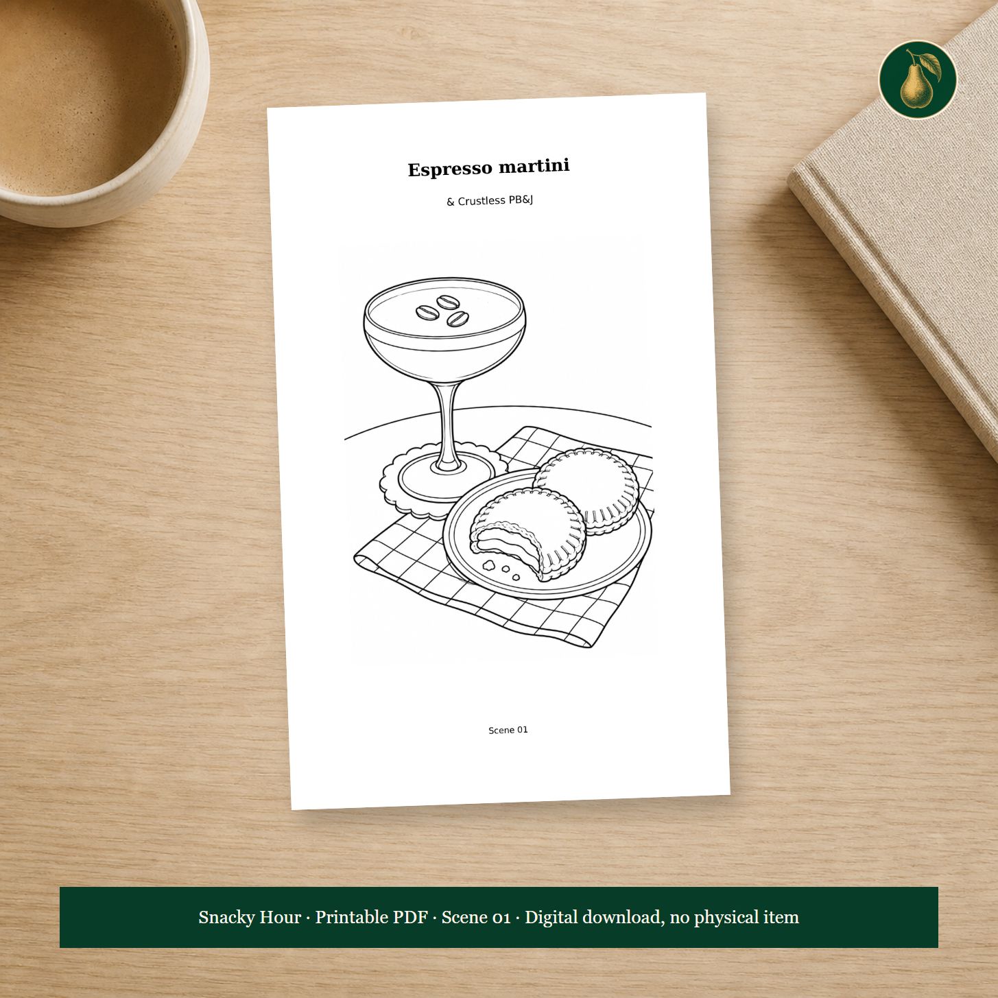 Adult Cocktail and Snack Coloring Book PDF, 64 Printable Pages, Snacky Hour listing preview