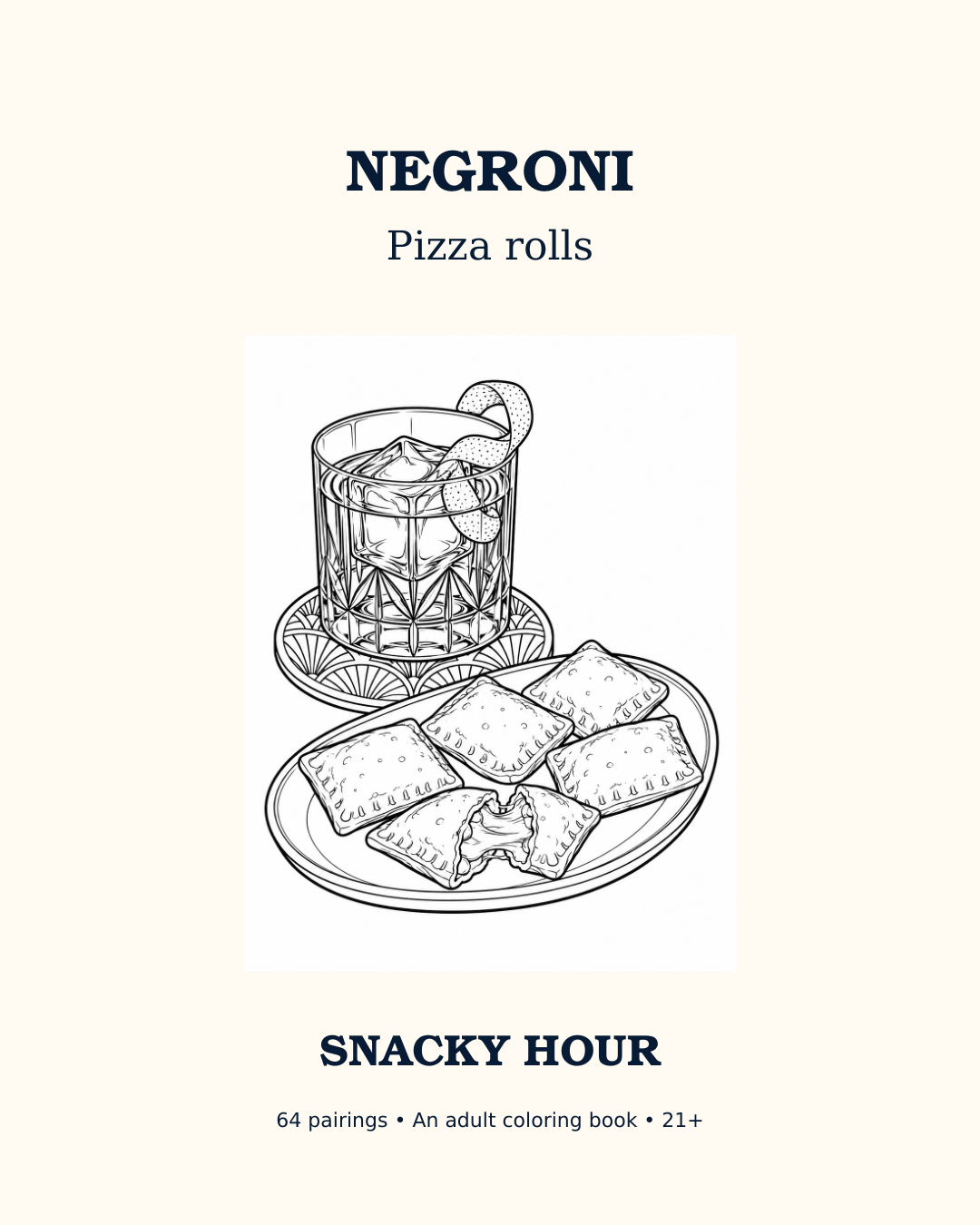Negroni and pizza rolls coloring scene