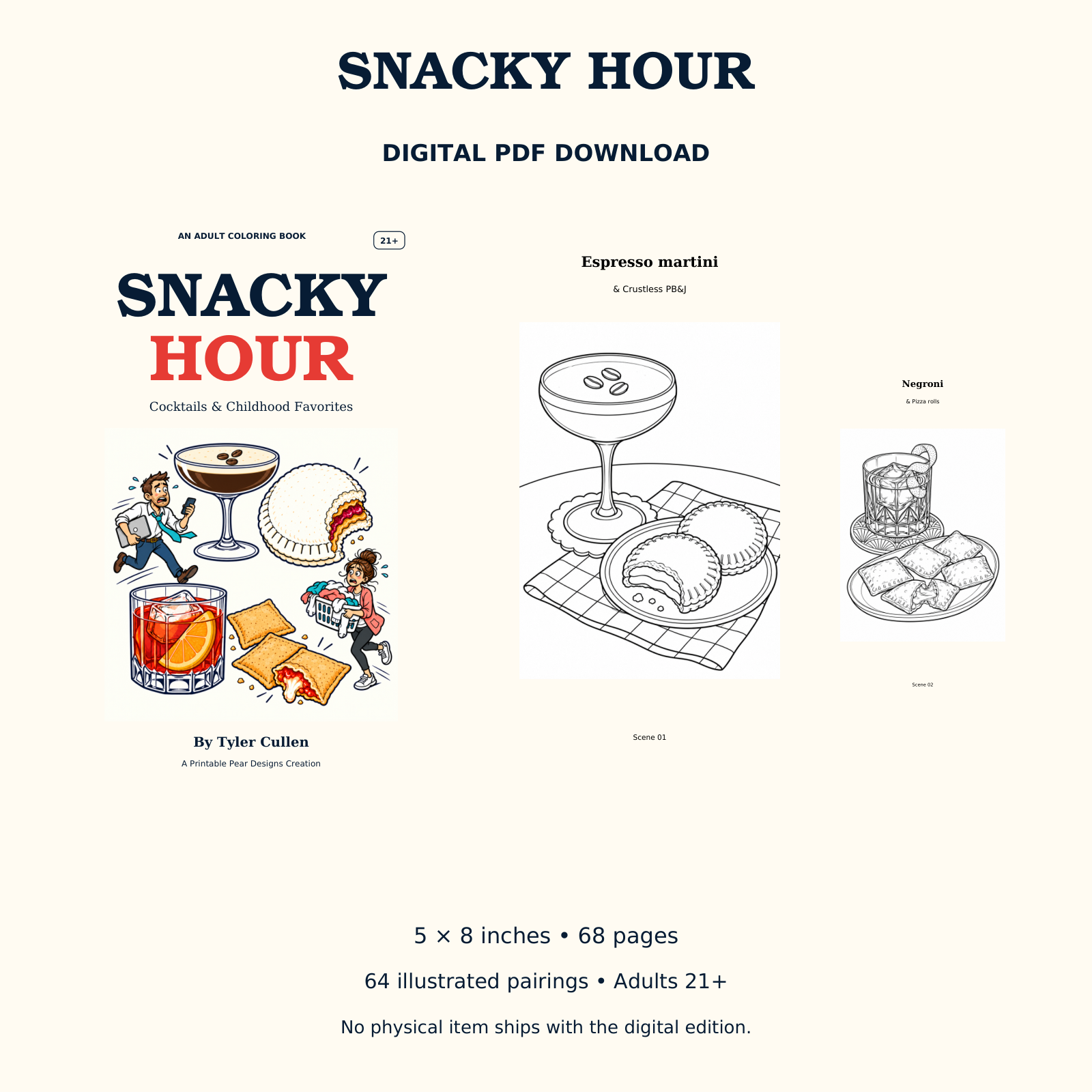Snacky Hour digital edition with cover for identification and two actual coloring scenes; adults 21+.