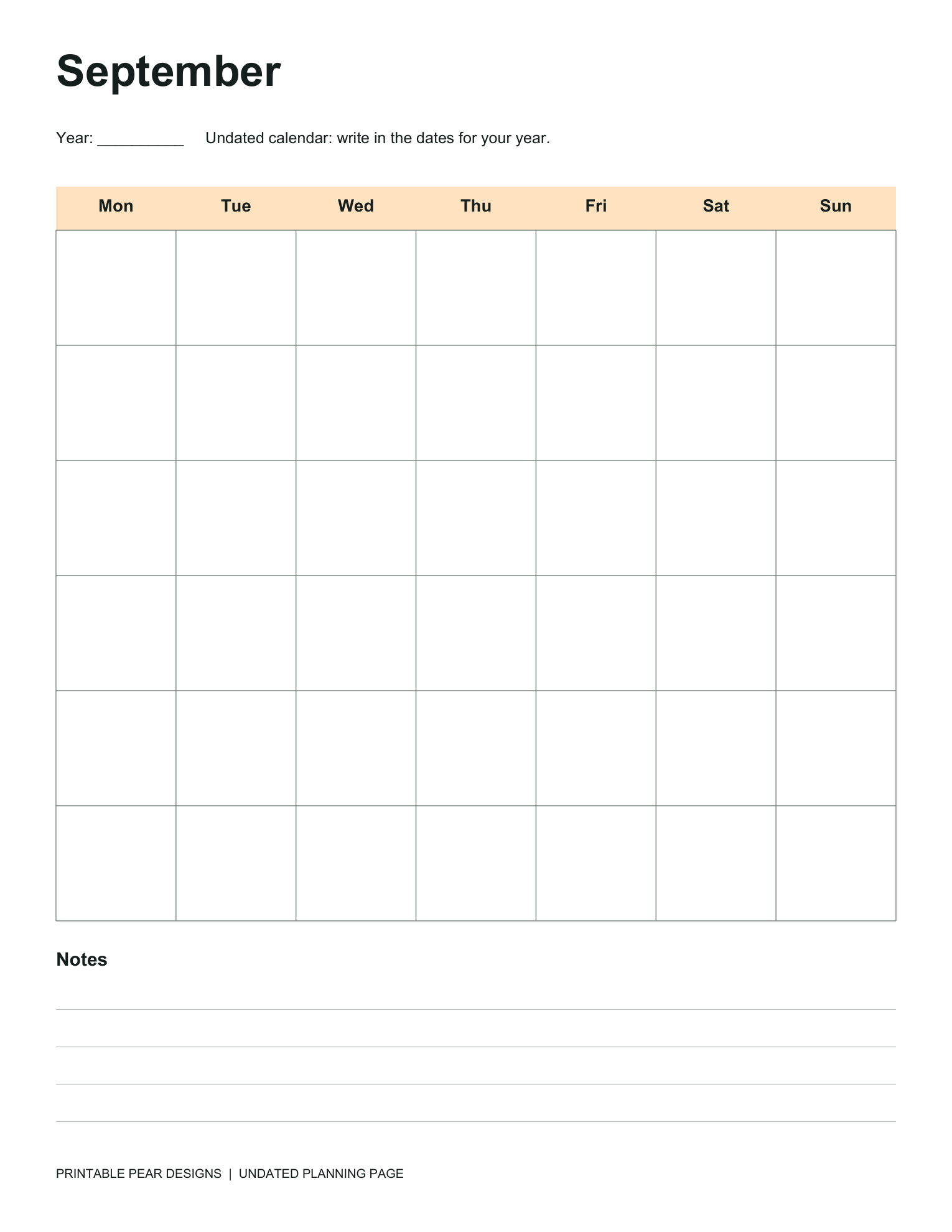 Actual September calendar with a blank year line, a Monday-to-Sunday grid with six rows, and a lined notes area.