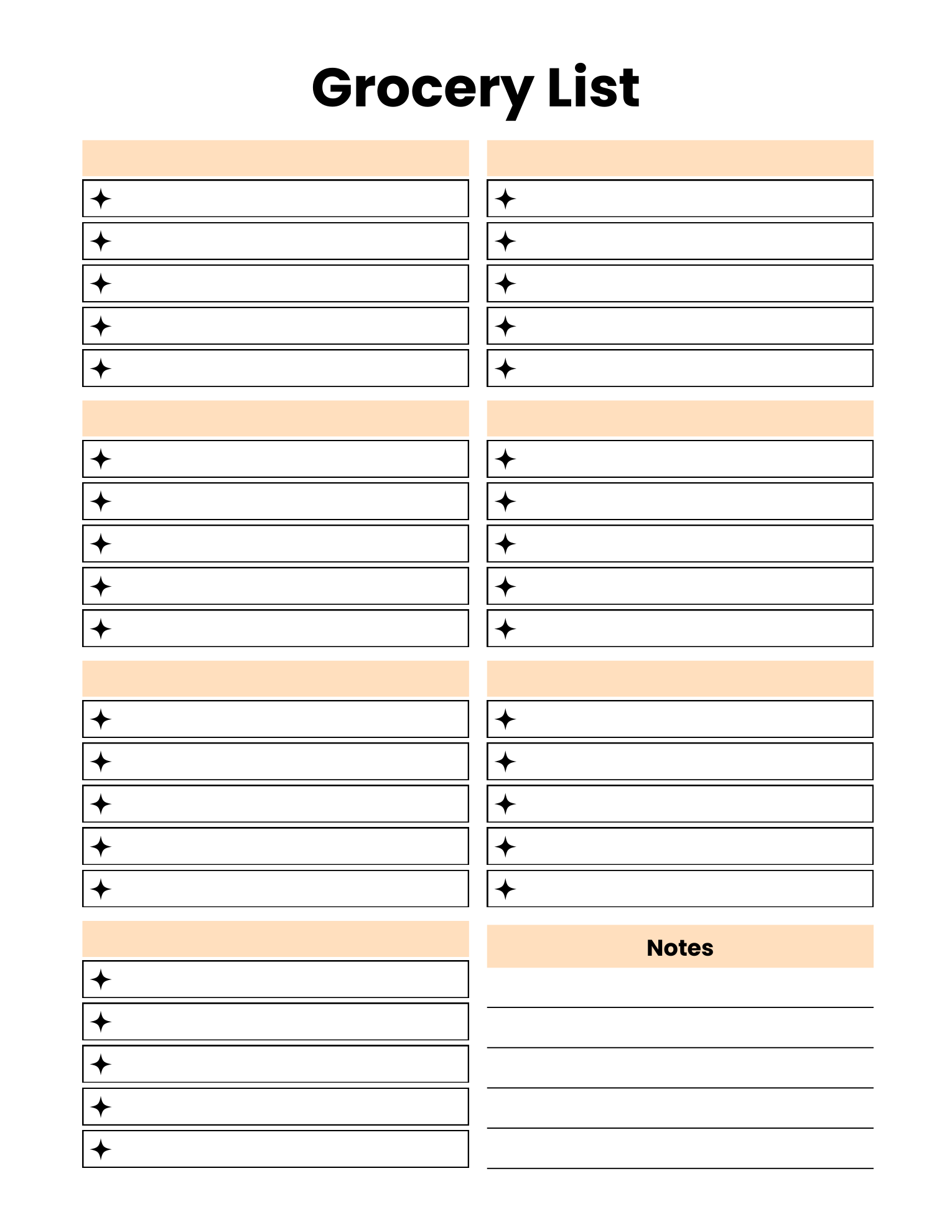 Actual Grocery List worksheet with seven blank category headings, item rows and a Notes area.