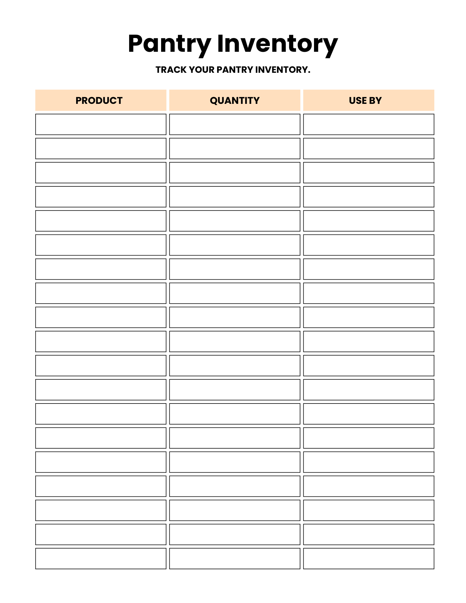 Actual Pantry Inventory worksheet with Product, Quantity and Use By columns above blank entry rows.