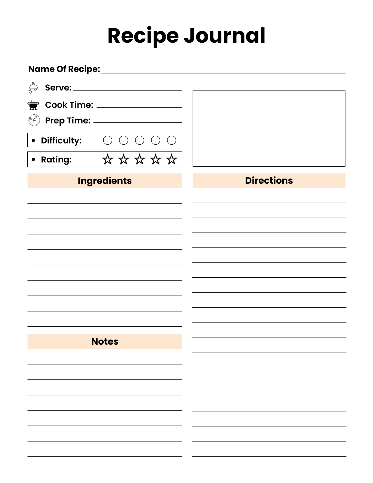 Actual Recipe Journal page with recipe name, servings, cook and prep time, difficulty, rating, ingredients, directions and notes.