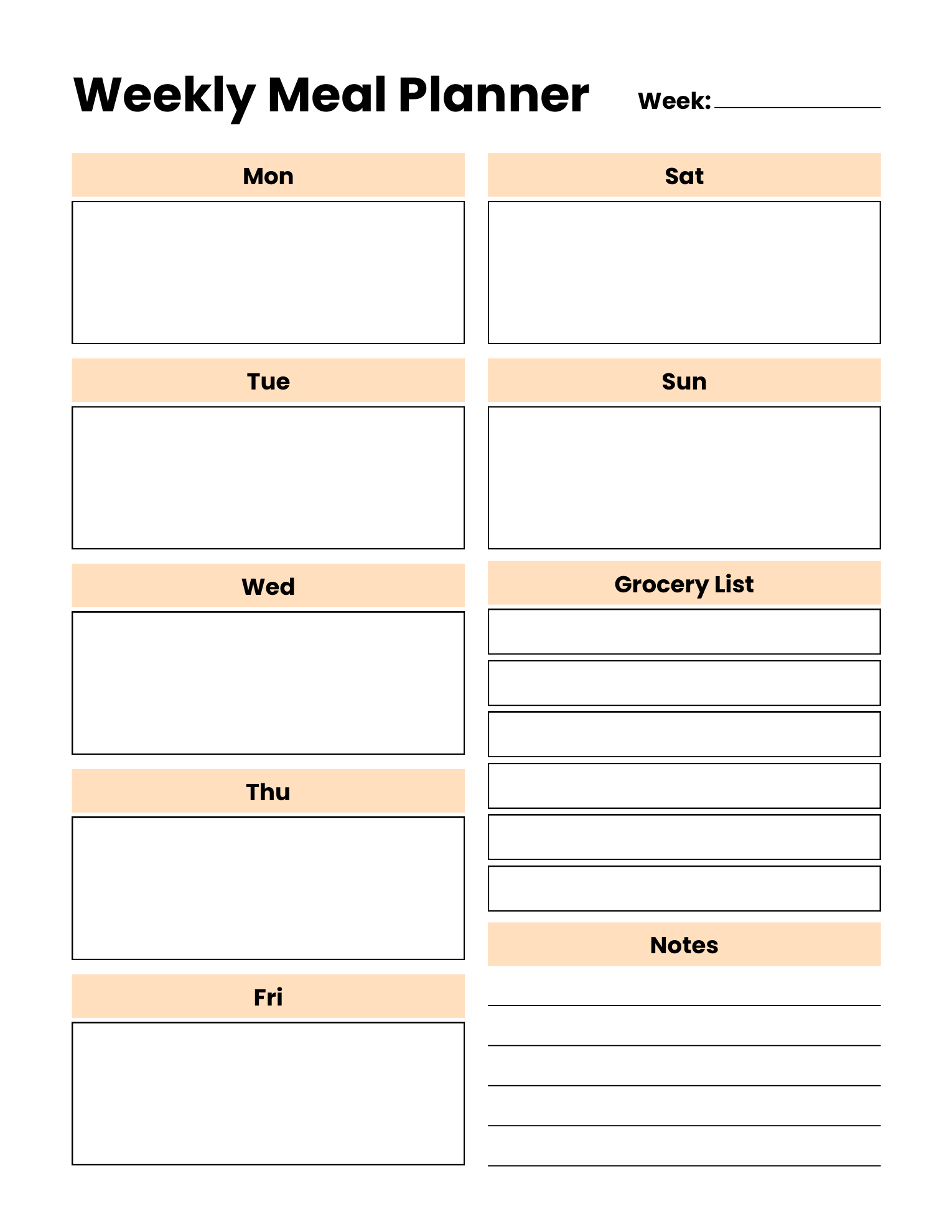 Actual Weekly Meal Planner page with Monday through Sunday boxes, a grocery list, notes lines and a blank week field.