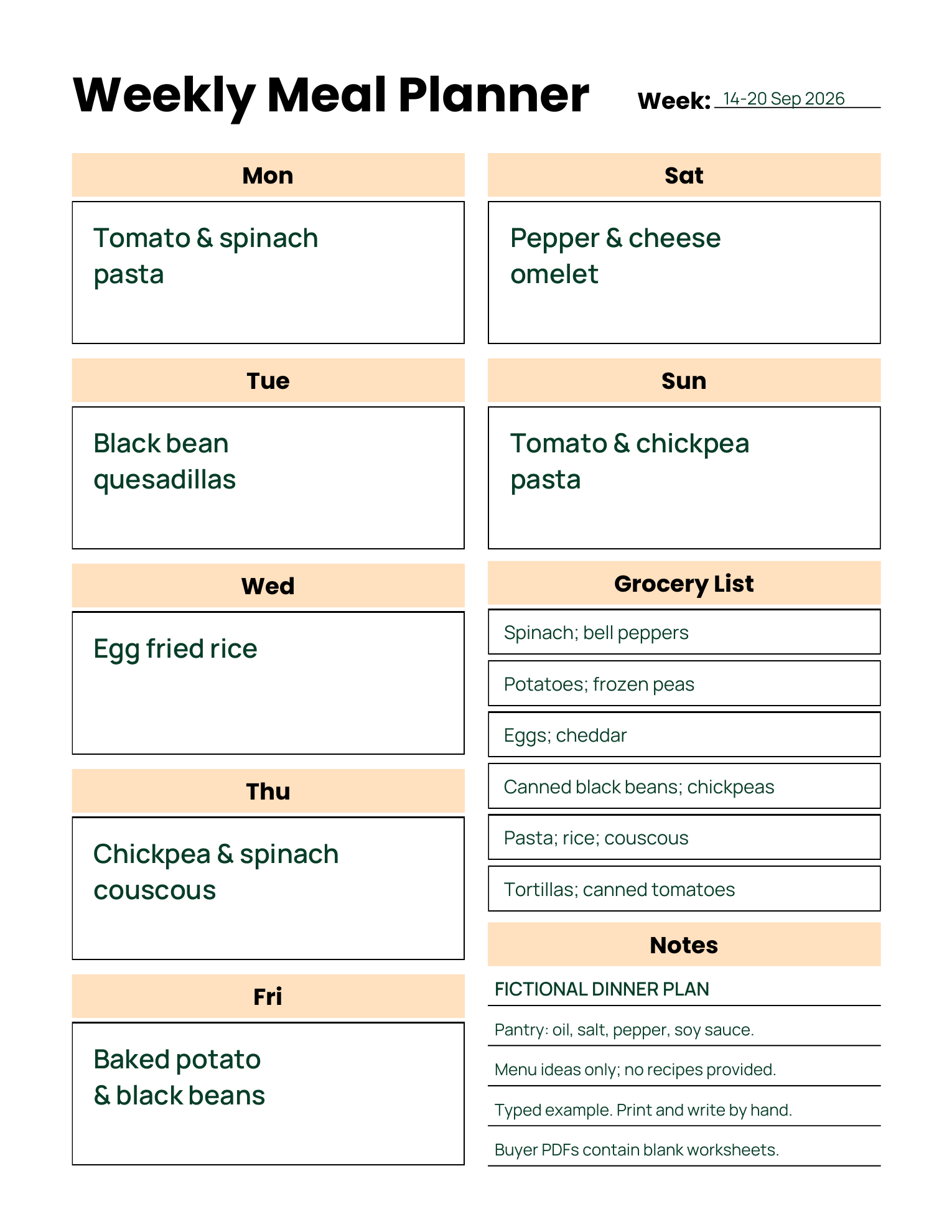 Fictional dinner plan for 14–20 September 2026 on the actual Weekly Meal Planner worksheet. Seven dinner boxes and six matching grocery rows are filled with typed sample entries; the notes label the example and list pantry assumptions.