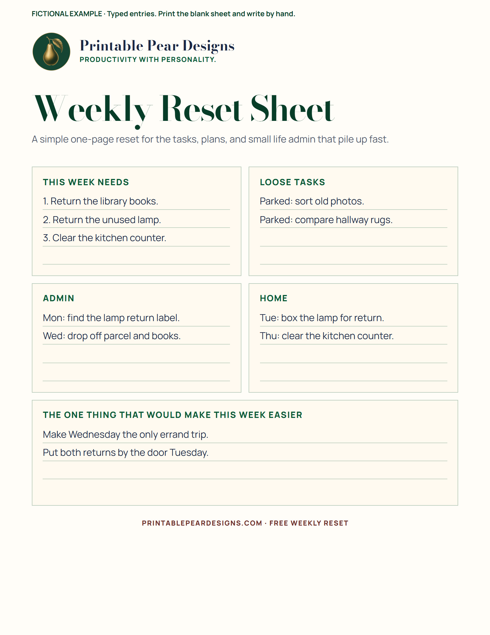 Complete Weekly Reset Sheet with fictional plans for returning library books and a lamp, clearing a counter, and combining errands. The same entries are written out below.
